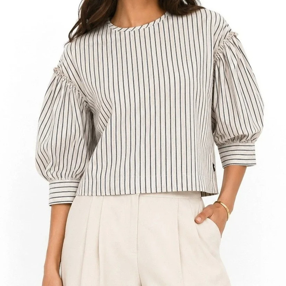 Tuckernuck Edie Puff Sleeve Crop Top Blouse Women's M Blue 100% Linen Stripe NEW